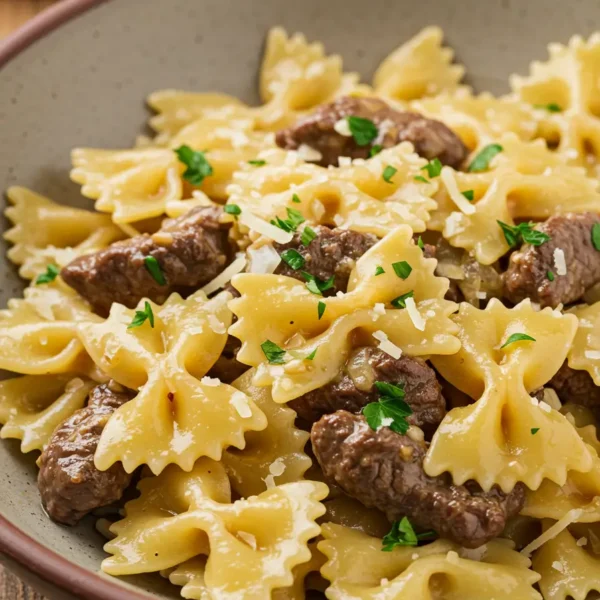 Käseige Rindfleisch-Fliege Pasta in Knoblauchbutter