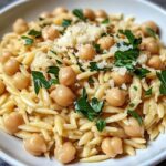 A creamy lemon ricotta orzo dish in a wide bowl, garnished with fresh basil, parsley, and lemon wedges.