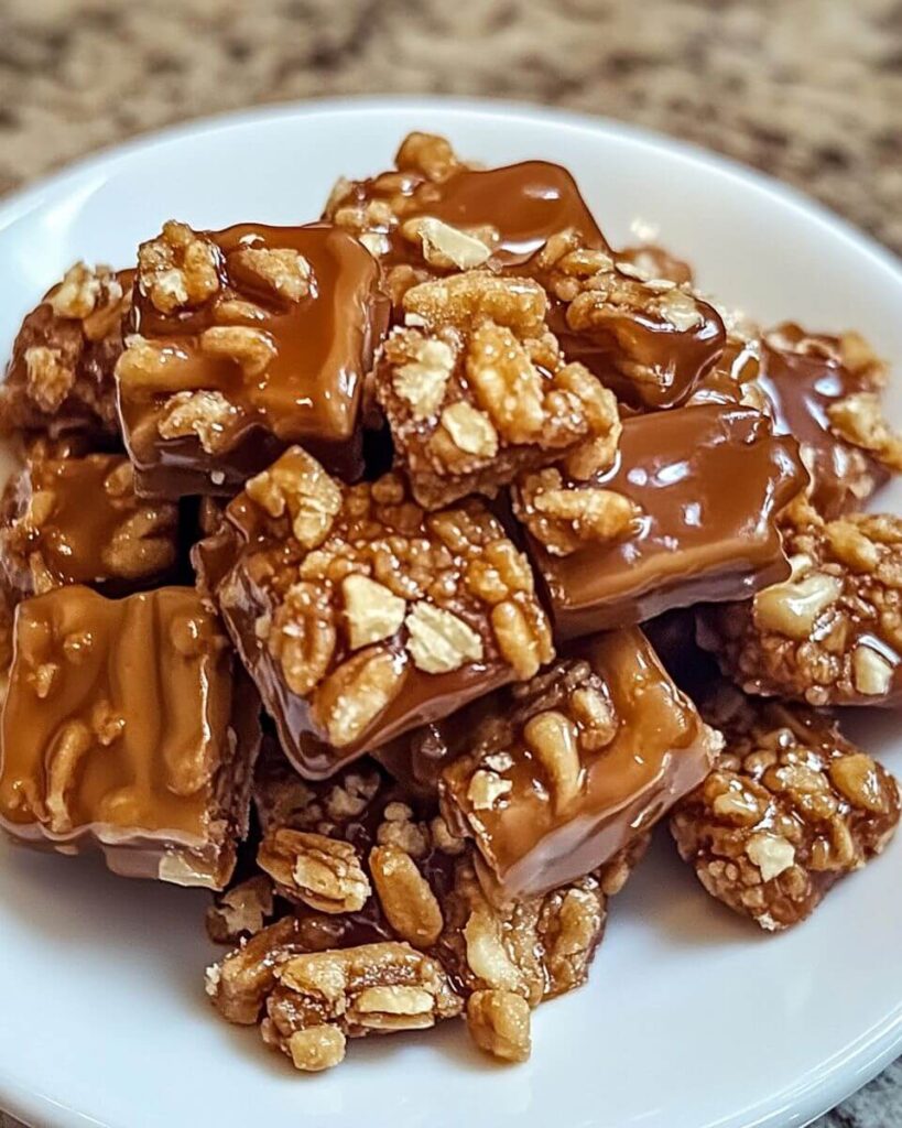 Close-up of homemade praline pecan candy served on a bright white plate with golden caramel sheen.