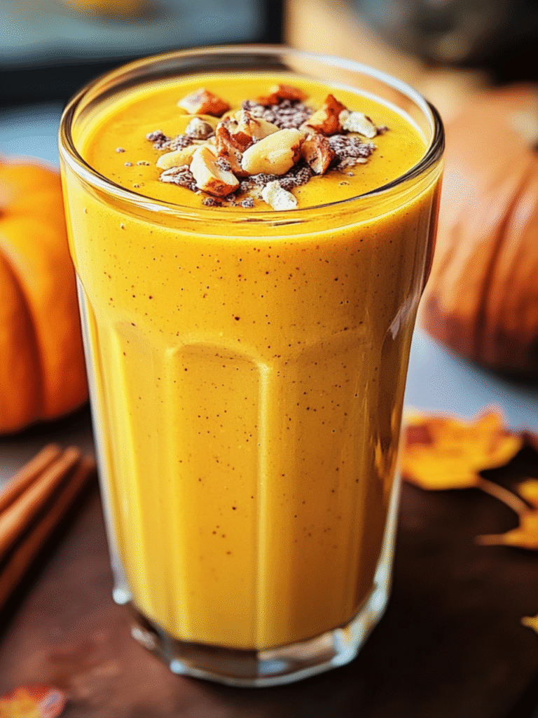 A creamy pumpkin smoothie in a glass with cinnamon on top, surrounded by fall leaves and a small pumpkin, ready in just 5 minutes