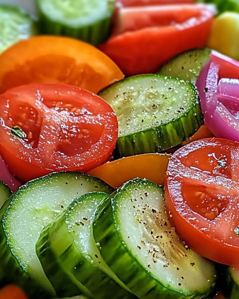 A vibrant bowl of refreshing cucumber tomato salad with red onion, fresh herbs, and crumbled feta.