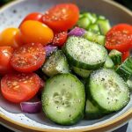 A vibrant bowl of refreshing cucumber tomato salad with red onion, fresh herbs, and crumbled feta.