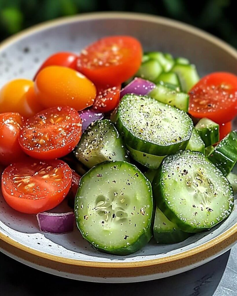A vibrant bowl of refreshing cucumber tomato salad with red onion, fresh herbs, and crumbled feta.