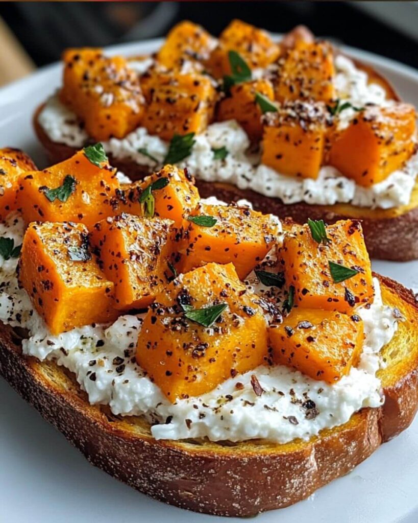 Golden roasted sweet potato slices layered over whipped cottage cheese on toasted whole grain bread, garnished with pumpkin seeds and fresh thyme.