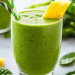 A glass of vibrant green spinach smoothie with a reusable straw, surrounded by fresh spinach leaves, banana slices, and a bowl of Greek yogurt on a rustic kitchen counter.