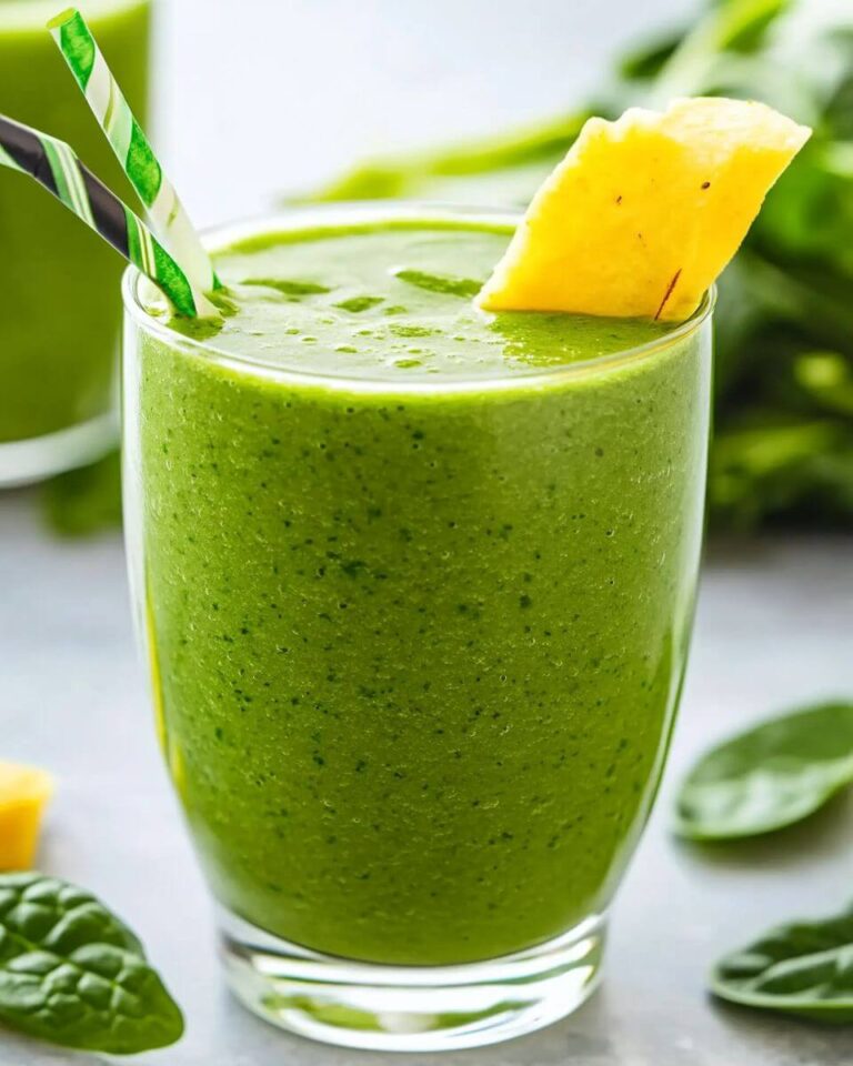 A glass of vibrant green spinach smoothie with a reusable straw, surrounded by fresh spinach leaves, banana slices, and a bowl of Greek yogurt on a rustic kitchen counter.