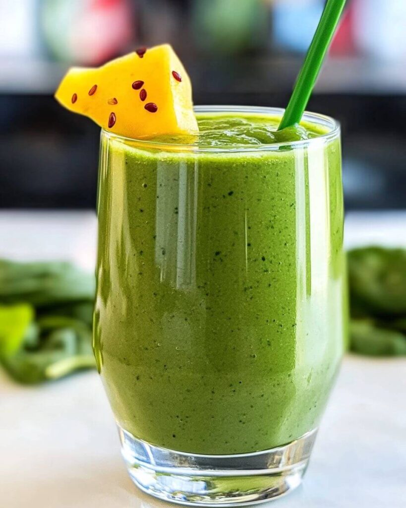 Healthy green smoothie in a clear glass topped with chia seeds, surrounded by spinach, banana, and a wooden spoon of Greek yogurt.