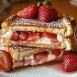 Strawberry Cheesecake Stuffed French Toast 4 A golden-brown slice of thick French toast stuffed with creamy cheesecake filling, topped with juicy strawberry compote, a dollop of whipped cream, and a dusting of powdered sugar.