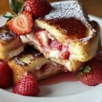 Close-up of a thick slice of brioche French toast filled with creamy cheesecake and topped with warm strawberry sauce, garnished with fresh berries and powdered sugar.