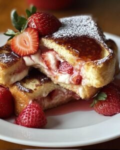 Close-up of a thick slice of brioche French toast filled with creamy cheesecake and topped with warm strawberry sauce, garnished with fresh berries and powdered sugar.