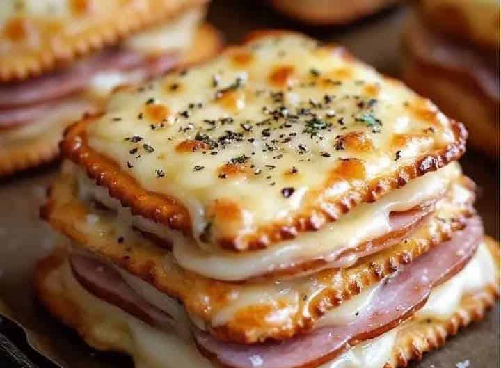 Schinken und Schweizer Cracker schmelzen