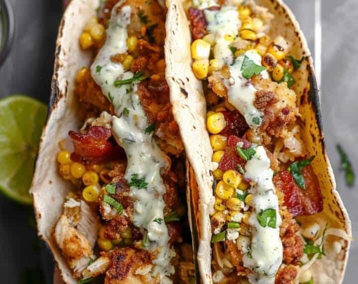 Gebratene Hähnchen-Street-Mais-Tacos mit Speck und Jalapeño-Limetten-Ranch